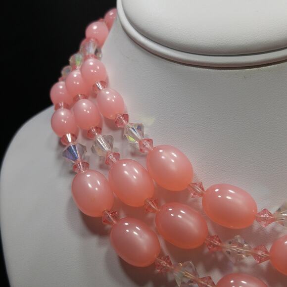 Vintage Japan Pink Beaded Necklace Earrings, Moonglow Lucite Crystal , 1950s - Picture 7 of 10